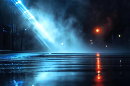 Wet asphalt reflects city lights and a searchlight, creating a cinematic scene on a dark, smog-filled street. An abstract, mysterious atmosphere unfolds, evoking the solitude of urban nights © Martin