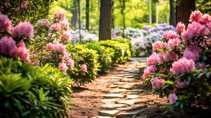 Botanical beauty with vibrant flowers and a stone path in a serene garden. A captivating stock photo capturing the allure of colorful blooms and tranquil landscapes