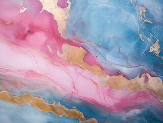 Blue, pink with golden lines swirl liquid marble texture
