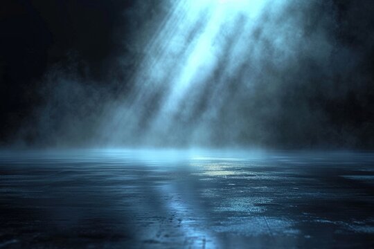 A haunting night view unfolds on wet asphalt, capturing city lights and a searchlight amidst swirling smoke. The abstract and cinematic depiction of this dark, smog-filled street creates a misty and e