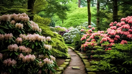 Keuken spatwand met foto Botanical beauty with vibrant flowers and a stone path in a serene garden. A captivating stock photo capturing the allure of colorful blooms and tranquil landscapes © Людмила Мазур