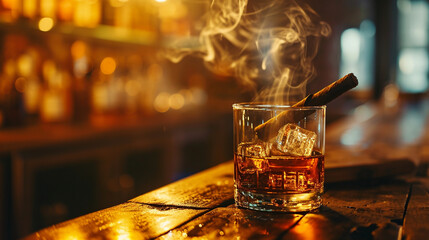 Glass of whiskey or cognac with ice cubes and smoking cigar and on bar counter. Generative AI