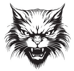 Angry cat head isolated illustration. Black color on white background image.