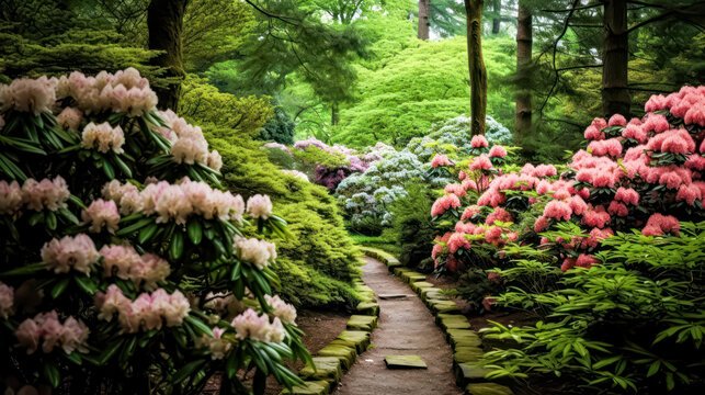 Botanical beauty with vibrant flowers and a stone path in a serene garden. A captivating stock photo capturing the allure of colorful blooms and tranquil landscapes