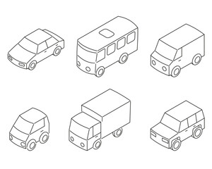 A set of 6 cars in outline. Urban transport in isometric view and outline.
