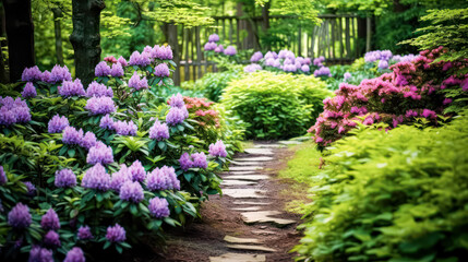 Botanical beauty with vibrant flowers and a stone path in a serene garden. A captivating stock photo capturing the allure of colorful blooms and tranquil landscapes