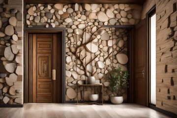 stone and wooden tree trunk wall décor in luxury hallway. 