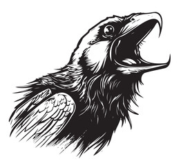 Hand drawn face of crow. Raven tattoo illustration mascot art bird.