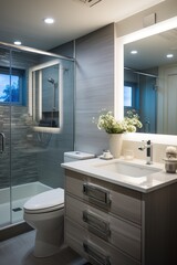 Modern bathroom with large glass shower and gray tile