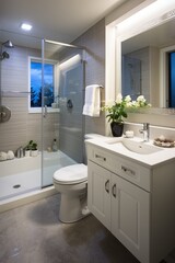 Fototapeta na wymiar Small bathroom interior with white vanity and grey tiles