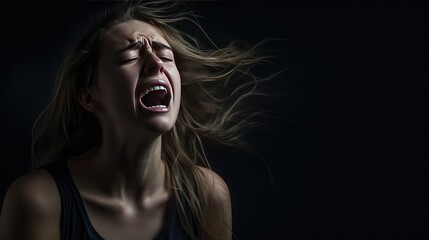 young woman at her breaking point, screaming in isolation on a black background. This evocative image is ideal for emphasizing the emotional toll and raising awareness about the challenges people face