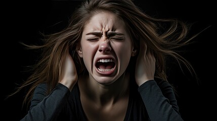 young woman at her breaking point, screaming in isolation on a black background. This evocative image is ideal for emphasizing the emotional toll and raising awareness about the challenges people face