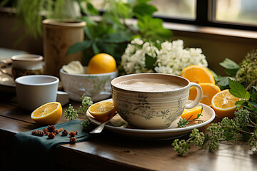 Cup of milk cocoa and oranges for breakfast.