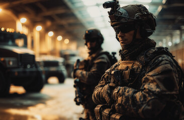 Two soldier of police special forces stand in a hangar for protect the area.