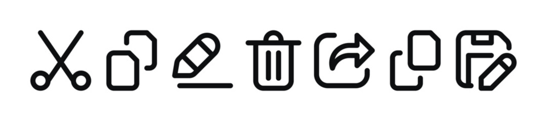 File Manager Actions Icon Set - Trash Can, Save As, Copy, Paste, Rename, Cut Symbols