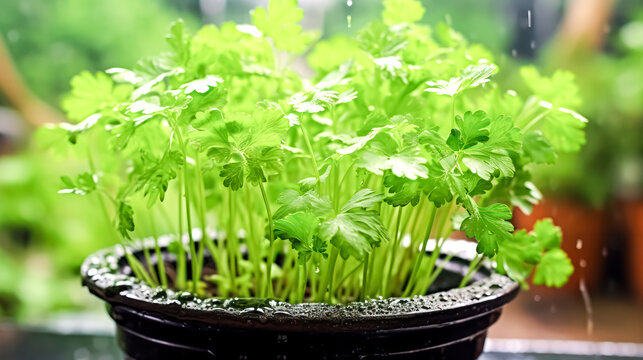 Parsley in the garden with raindrops, a refreshing stock photo capturing the vibrant greenery and delicate beauty of herbs in nature's embrace