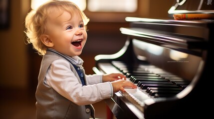 essence of a two-year-old boy playing the piano with delight in a music school. early exploration of musical talent and the joy of early education. - obrazy, fototapety, plakaty