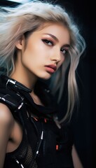Fototapeta na wymiar Portrait of a young Asian woman with blonde hair wearing a black outfit