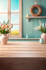 Easter wooden table background of free space.