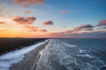 Winter sunset over the Baltic Sea in Jantar, Poland