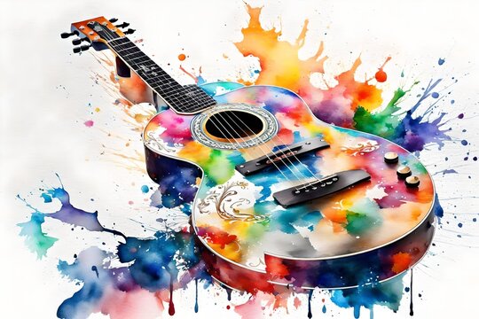 A watercolor guitar adorned with vibrant color splashes takes center stage against a pristine white background, creating an artistic and dynamic image captured by an HD camera