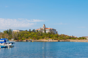 Fototapeta premium Buildings of Old Naval Academy in Sozopol city on Black Sea shore in Bulgaria