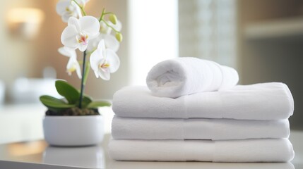 Fototapeta na wymiar stack of white towels on a table, creating a spa-like atmosphere.