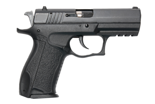 Black gun pistol handgun in PNG isolated on transparent background