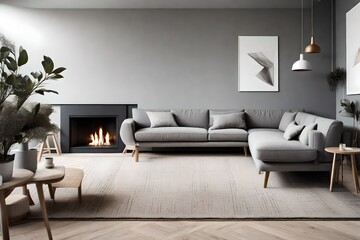  sofa near fireplace. Scandinavian home interior design of modern living room.  