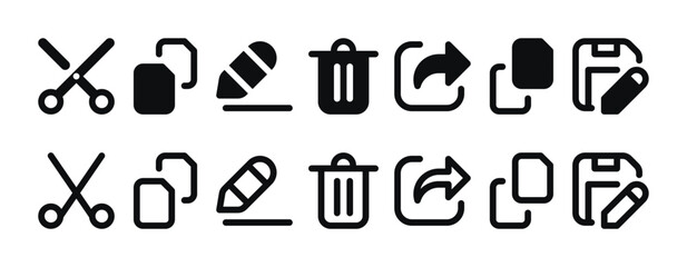 File Manager Actions Icon Set - Trash Can, Save As, Copy, Paste, Rename, Cut Symbols