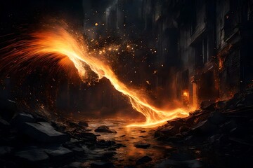  The night comes alive with the vibrant glow of fire sparks, painting the background with a dynamic and captivating display of luminous energy.