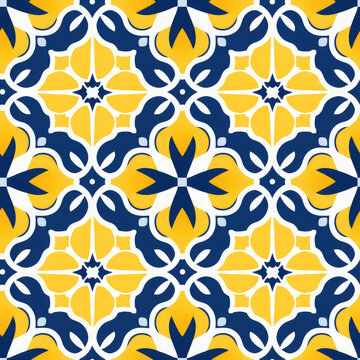 Simple Moroccan tile seamless pattern in light yellow and dark blue colors. Perfect for posters, brochure, coupon , flyer ,ad design, wallpaper or background.