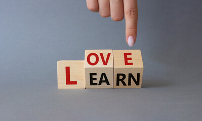 Love and Learn symbol. Businessman hand points at turned wooden cubes with words Learn and Love. Beautiful grey background. Lifestyle and Love and Learn concept. Copy space.