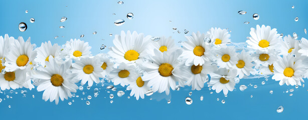 Obraz premium white daisy motion background in the style of light sky-blue and amber, hyper-realistic water, playful arrangements, charming illustrations, 