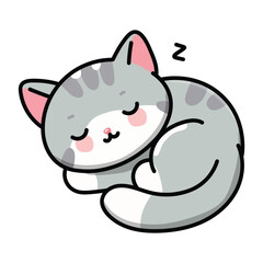 Hand drawn doodle of a sleeping kitten on a white background.