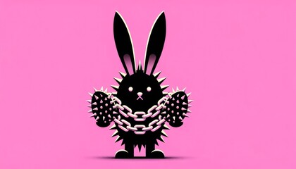 2D style punk rock black Easter bunny in chains, holding spiky eggs, on a pink background, bold graphic design.
