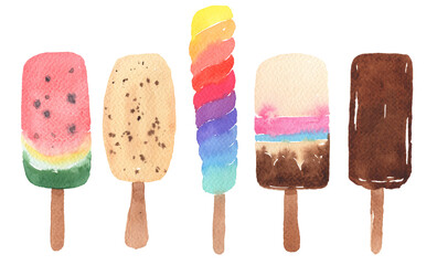 Watercolor illustration. Set of multi-colored ice cream on a stick. Fruit ice, popsicle, chocolate dessert.