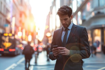 portrait of a business man, standing on a city street and using a mobile phone
