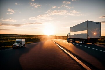 Truck driving on the road at sunset. Concept of logistics and transportation
