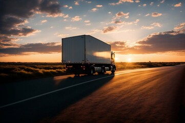 Truck driving on the road at sunset. Concept of logistics and transportation