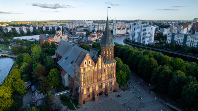 Kaliningrad city aerial shot. Immanuel Kant Cathedral and Museum, drone view. Immanuel Kant Island. Konigsberg at sunset. Kaliningrad, Russia. September 16th, 2023