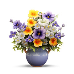 Beautiful bouquet of bright wildflowers in flowerpot, isolated on white.