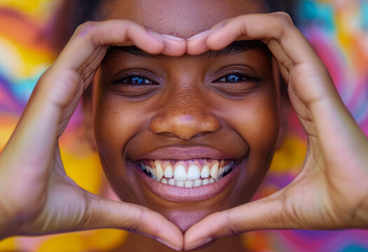 
A young black woman, with her hands framing her face, has crafted a smile with them. Her hands depict the image of a smile reflected on her face.