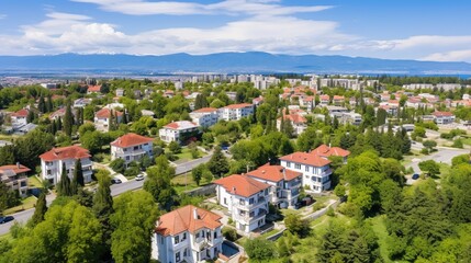 Panoramic view of a small European city with a mountain range in the background - obrazy, fototapety, plakaty