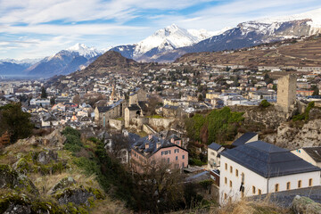 The medieval city of Sion, capital of Canton Valais in the Swiss Alps - 705210189