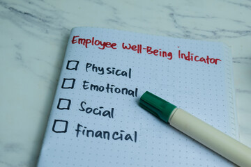 Concept of Employee Well-being indicator write on book. Supported by an additional services...