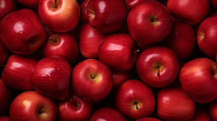 Background texture of red apples. Many ripe apples in the background, top view. Ripe juicy apples close-up.