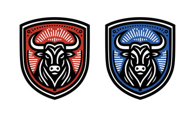 bull logo on shield (red, blue)