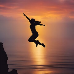 Woman jump happy new year 2024 concept, silhouette of woman jumping over barrier cliff and success with beautiful sunset background.