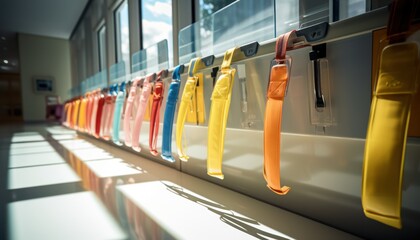 Row of Colorful Ribbons Hanging on Wall for Decoration or Celebration